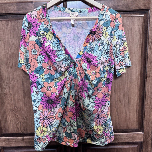 BiBi Women’s XL Floral Print Ruched V-Neck Top Stretch Knit Short Sleeve Tee