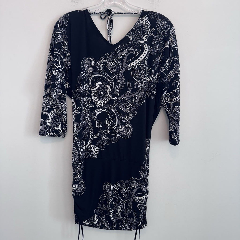 White House Black Market Dress Size S Black Paisley Ruched Sheath Midi Stretch