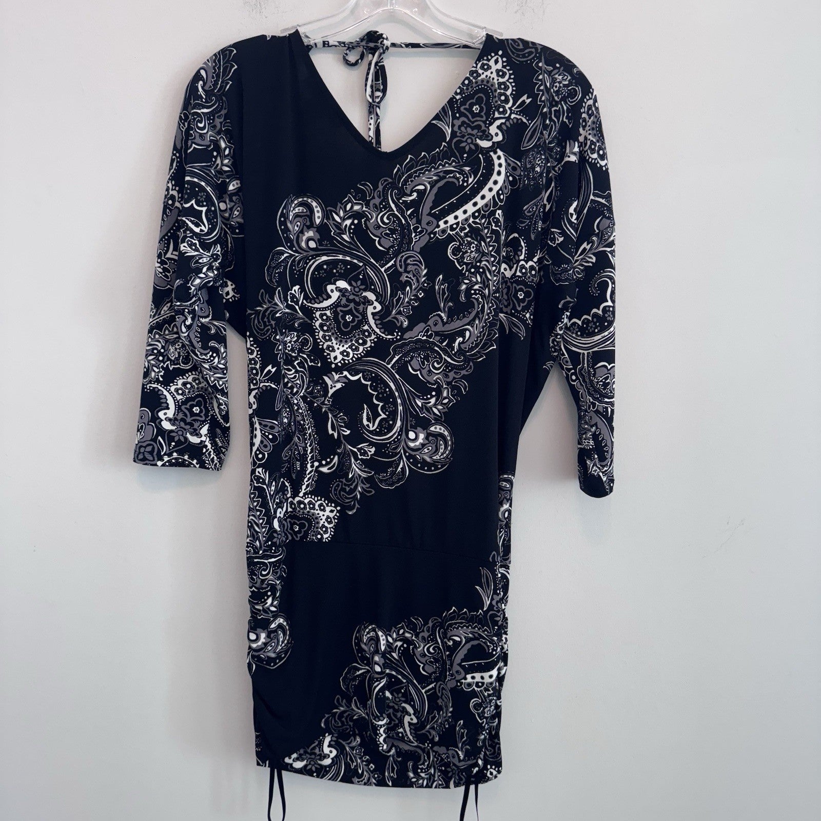 White House Black Market Dress Size S Black Paisley Ruched Sheath Midi Stretch