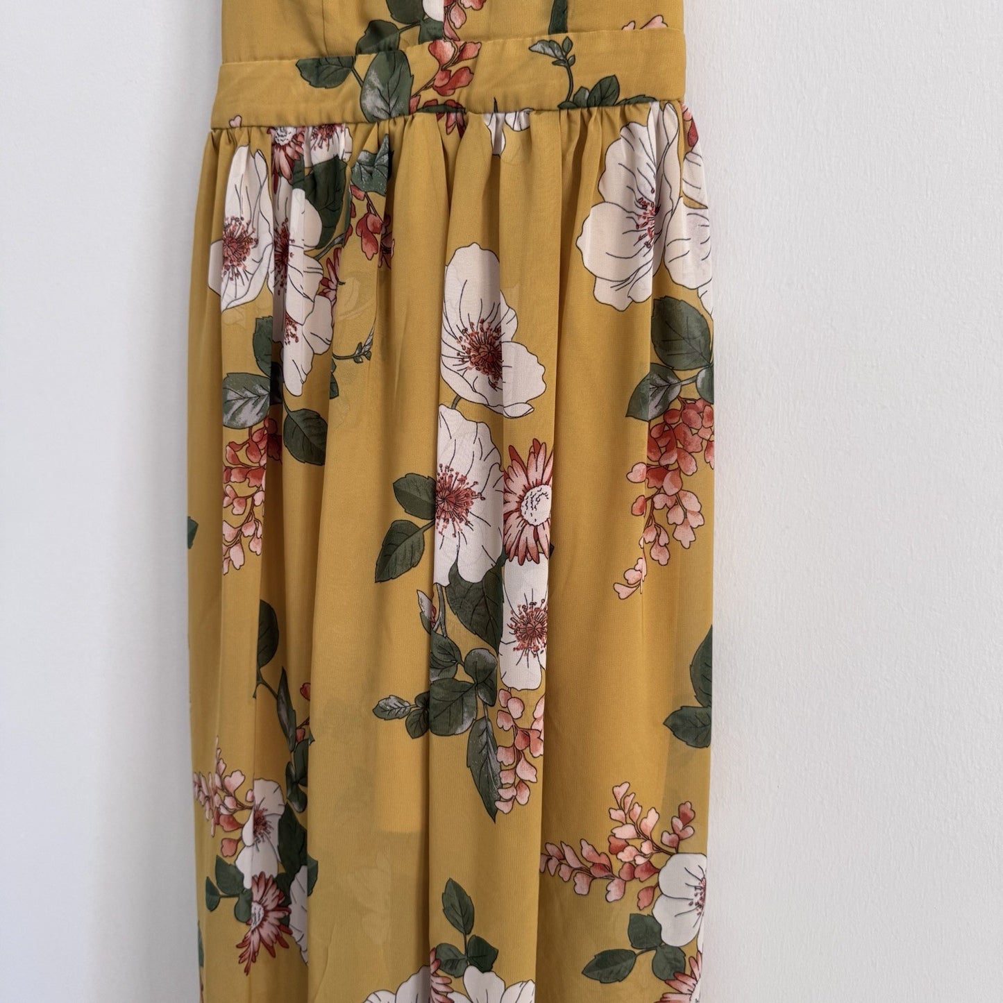 Love Tree Mustard Floral Maxi Dress Women M Boho V Neck Spaghetti Strap