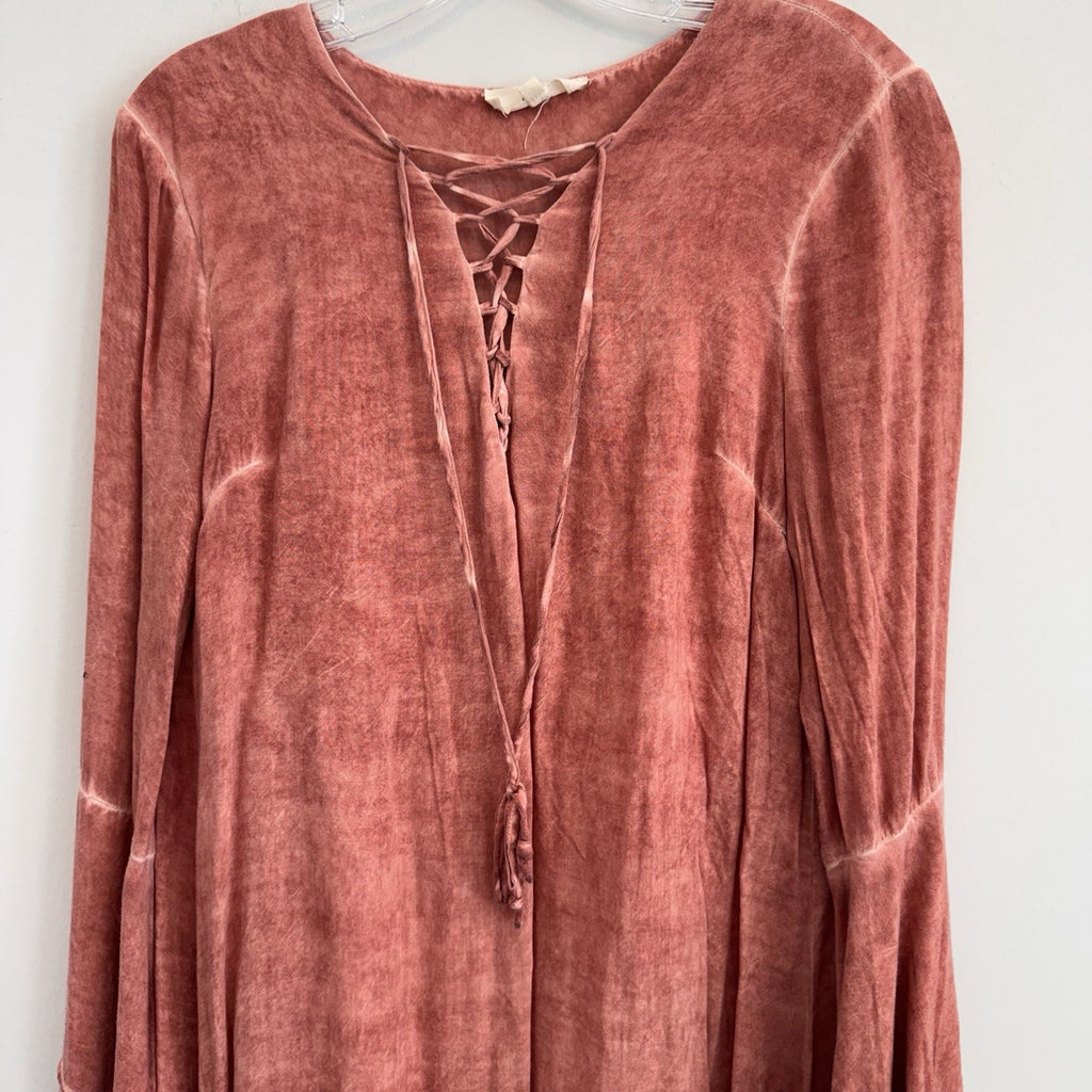 Entro Women’s Medium Rust Bell Sleeve Lace Up Boho Mini Dress Peasant Tunic