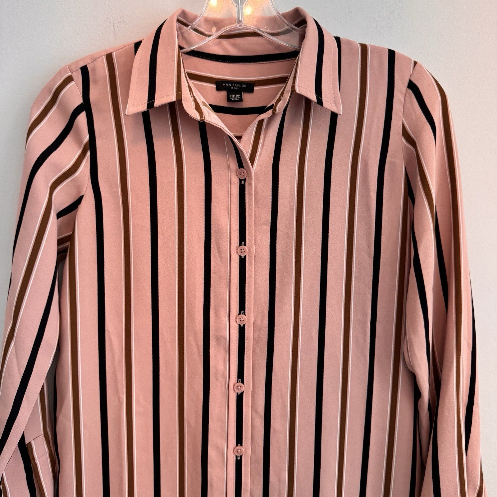 Ann Taylor Petite XXSP Shirtdress Pink Black Brown Striped Long Sleeve Button