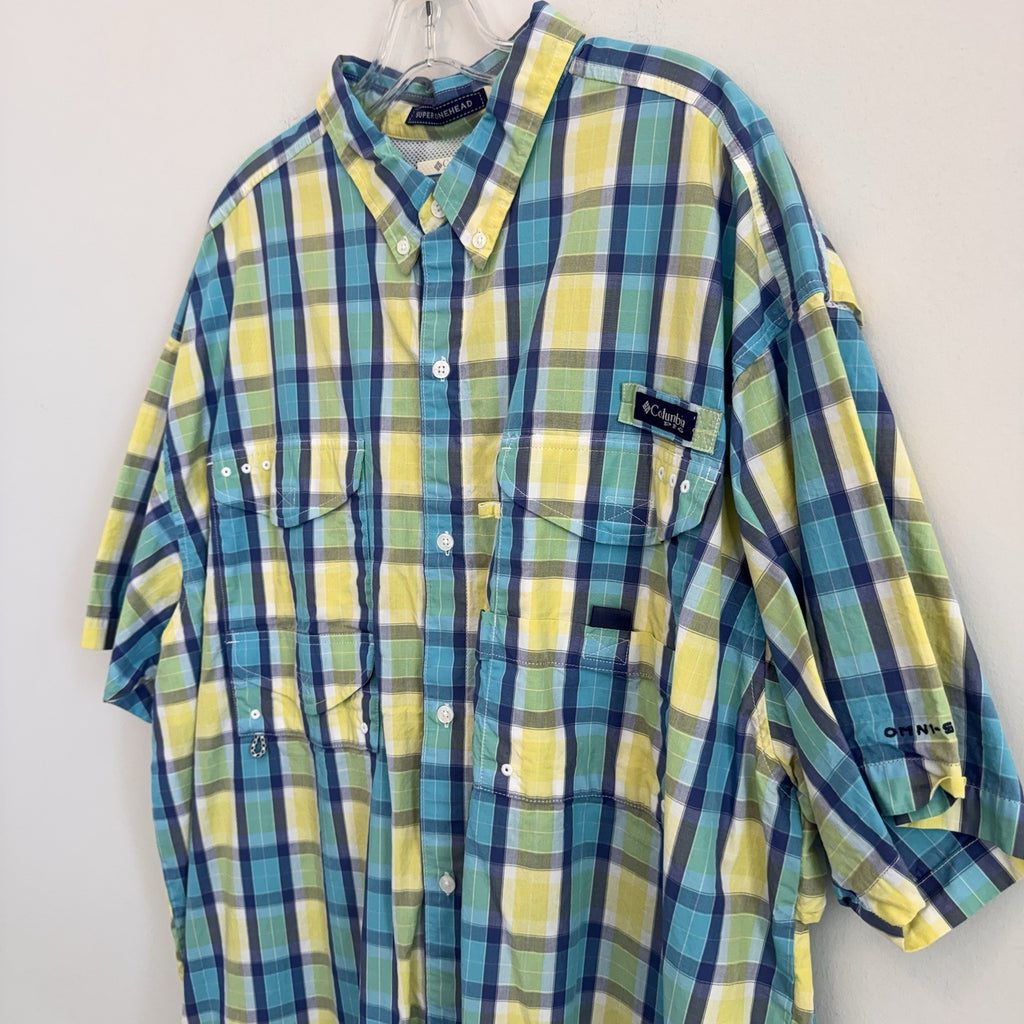 Columbia PFG Super Bonehead Shirt XXL Teal Lime Green Plaid Fishing S/S