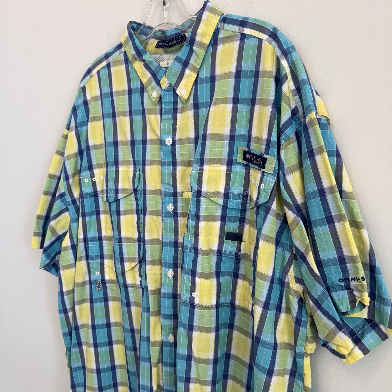 Columbia PFG Super Bonehead Shirt XXL Teal Lime Green Plaid Fishing S/S