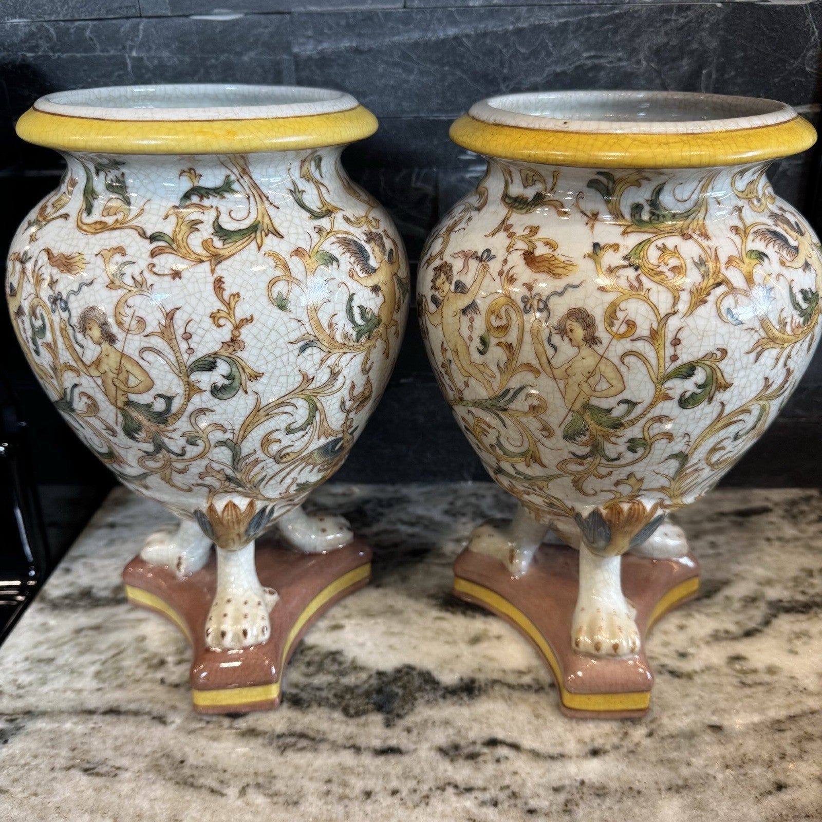 Vintage Ornate Ceramic Footed Vase with Cherub and Angels- matching set. Quality