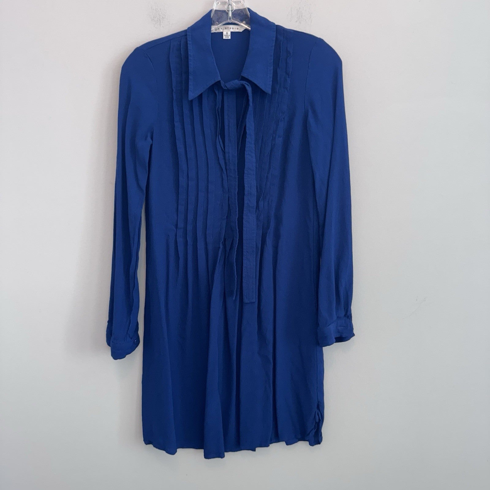 Max Studio Blue Tie Neck Tunic Dress Women’s Small Long Sleeve Rayon Boho