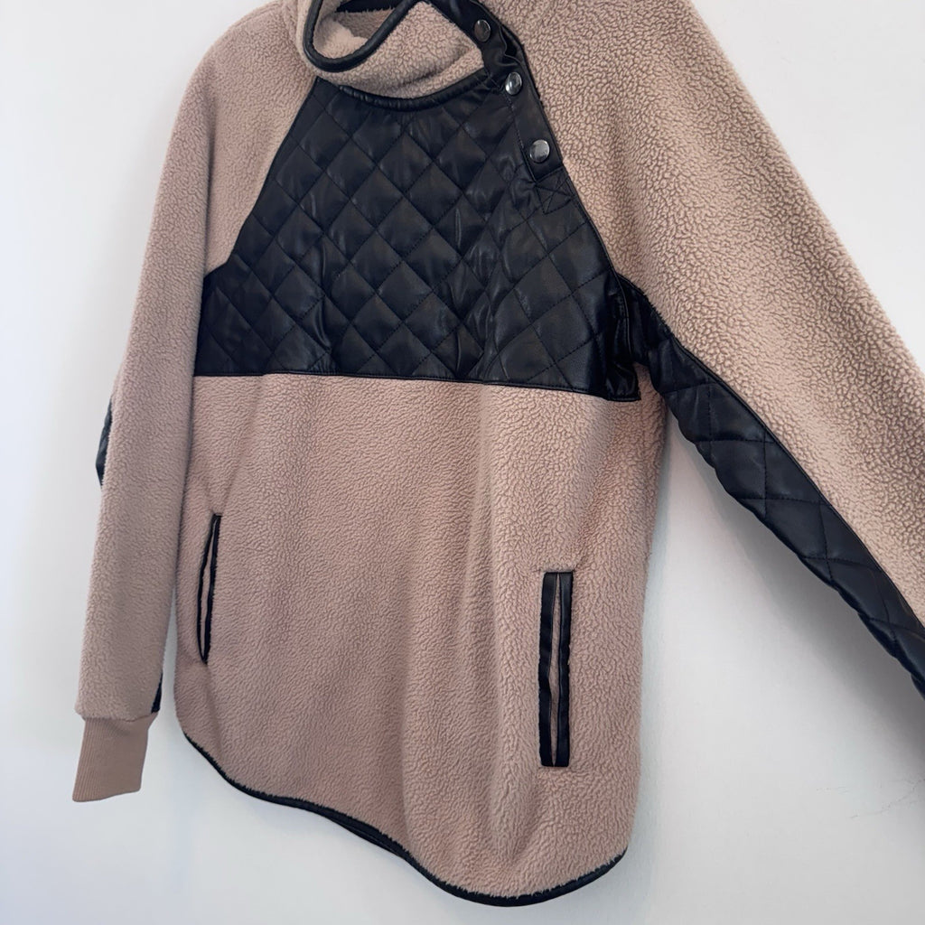 A&F Sherpa Pullover Women Small Brown Black Quilted Snap Fleece Abercrombie