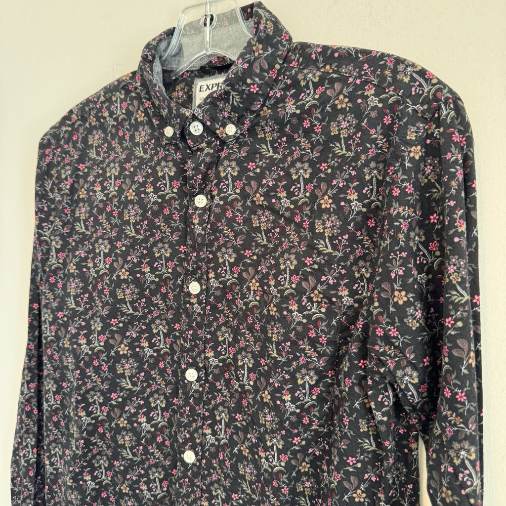 Express Mens M Extra Slim Fit Floral Button Up Shirt Stretch Cotton Black