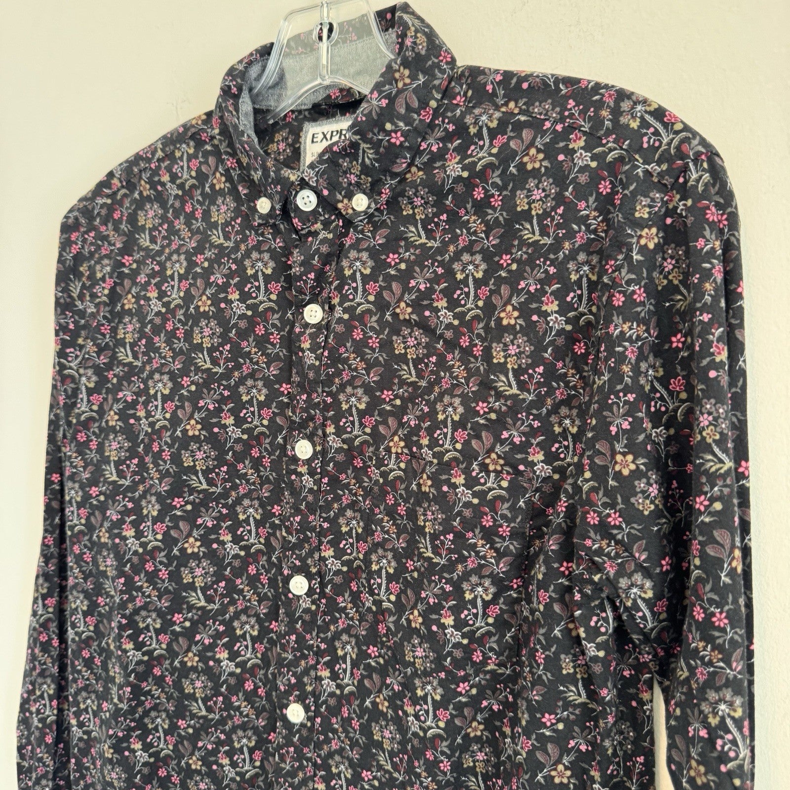 Express Mens M Extra Slim Fit Floral Button Up Shirt Stretch Cotton Black