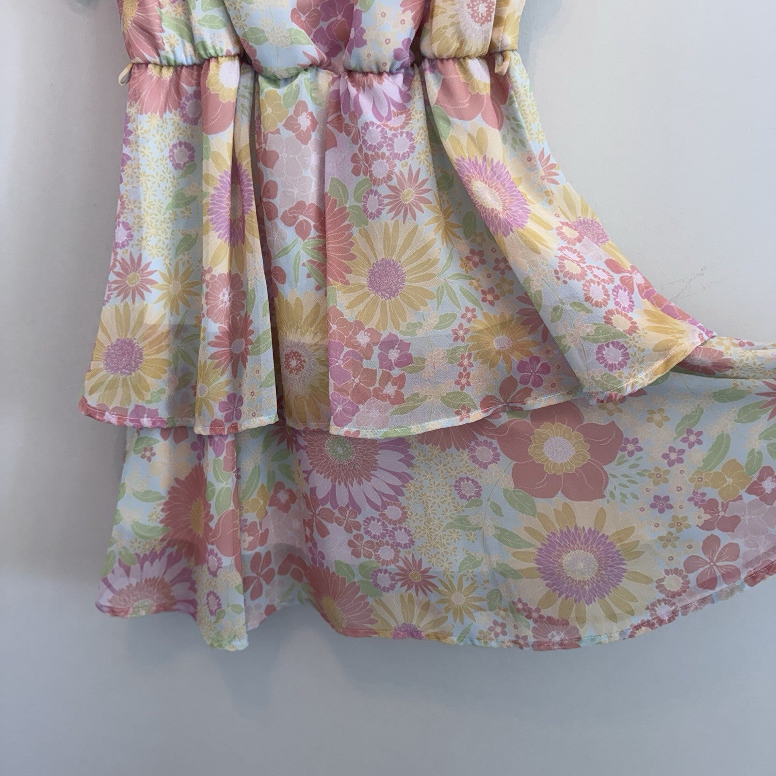 Peach Love Floral Dress Womens M Boho Cottagecore Belted Pastel