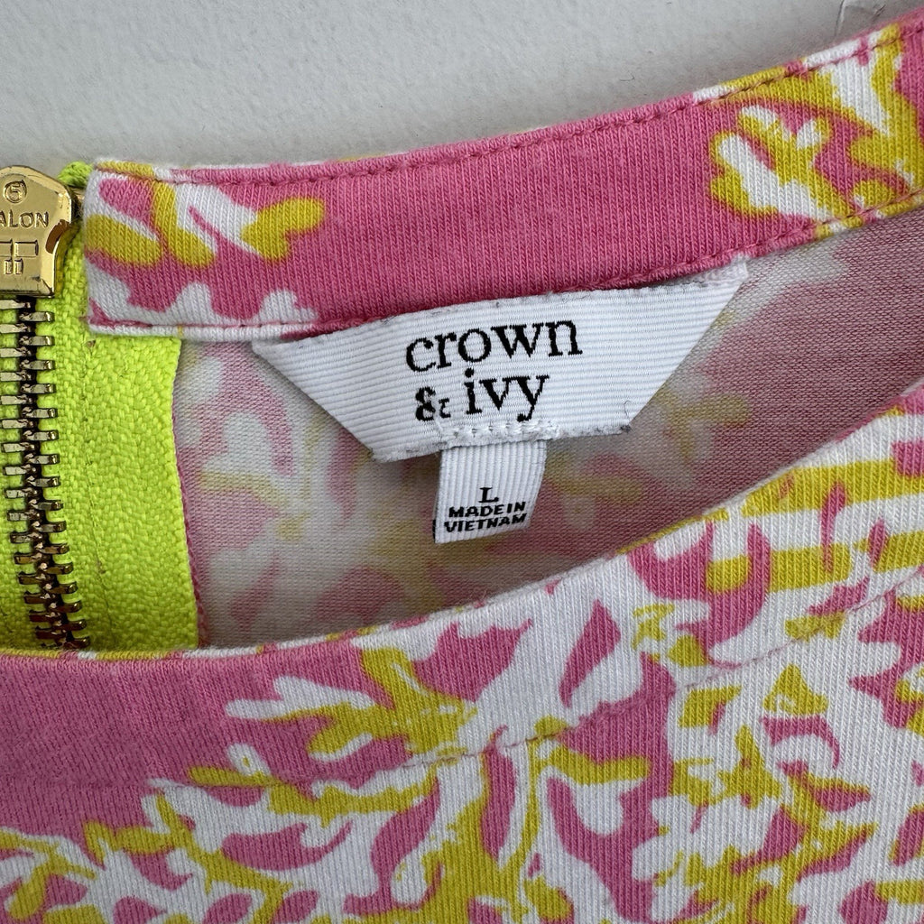 Crown & Ivy Pink Coral Print Shift Dress L 3/4 Sleeve Preppy Coastal Women’s