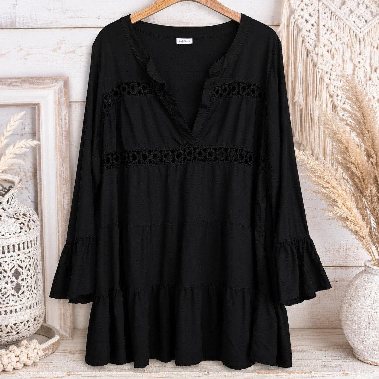 LASCANA Black Boho Tunic Dress Womens US 12/14 Bell Sleeve Crochet Trim