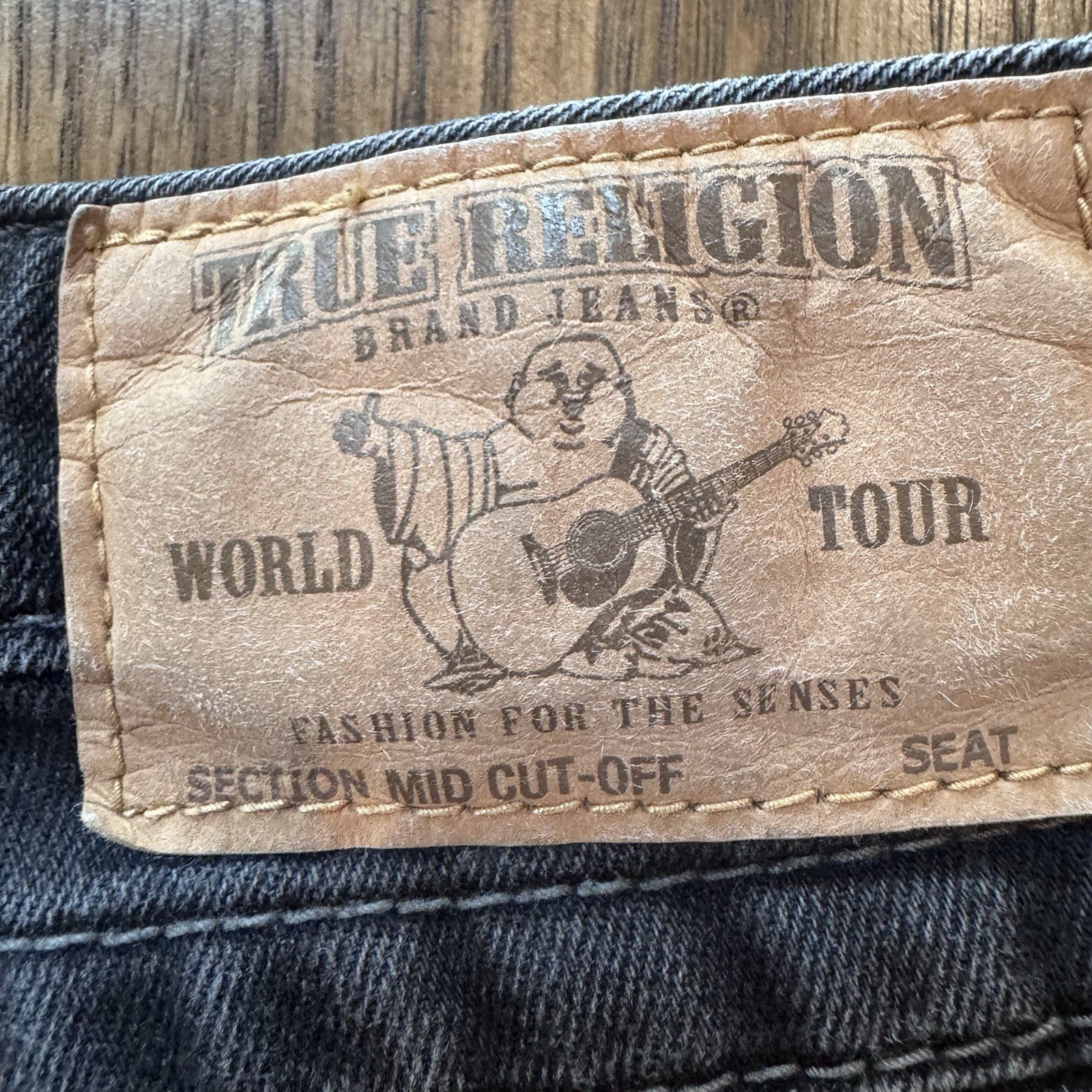 True Religion Mid Cut Off Denim Shorts Black Distressed Flap Pockets Size 30