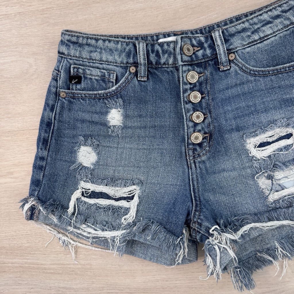 KanCan Distressed Denim Shorts Women’s Small Button Fly Raw Hem Festival