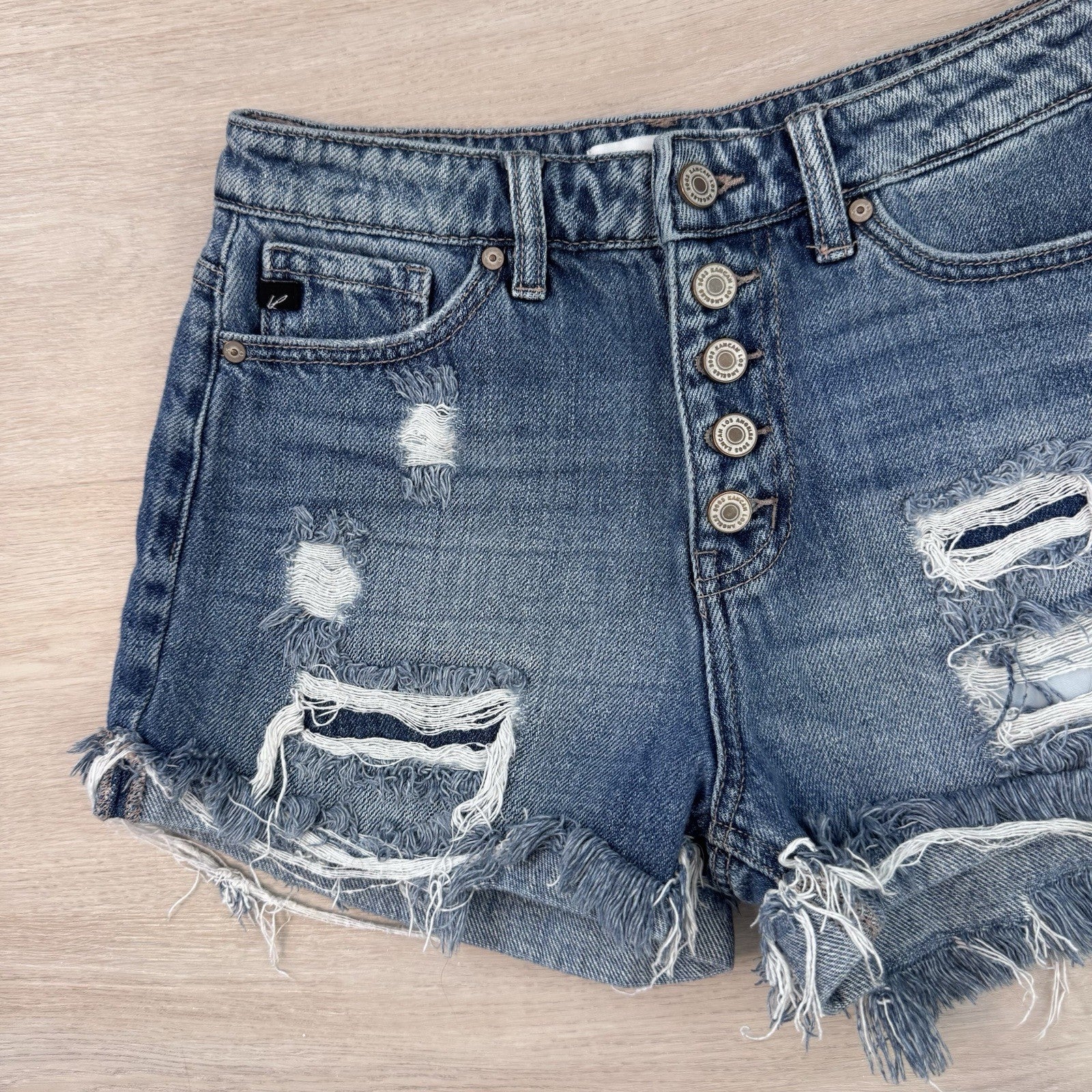 KanCan Distressed Denim Shorts Women’s Small Button Fly Raw Hem Festival