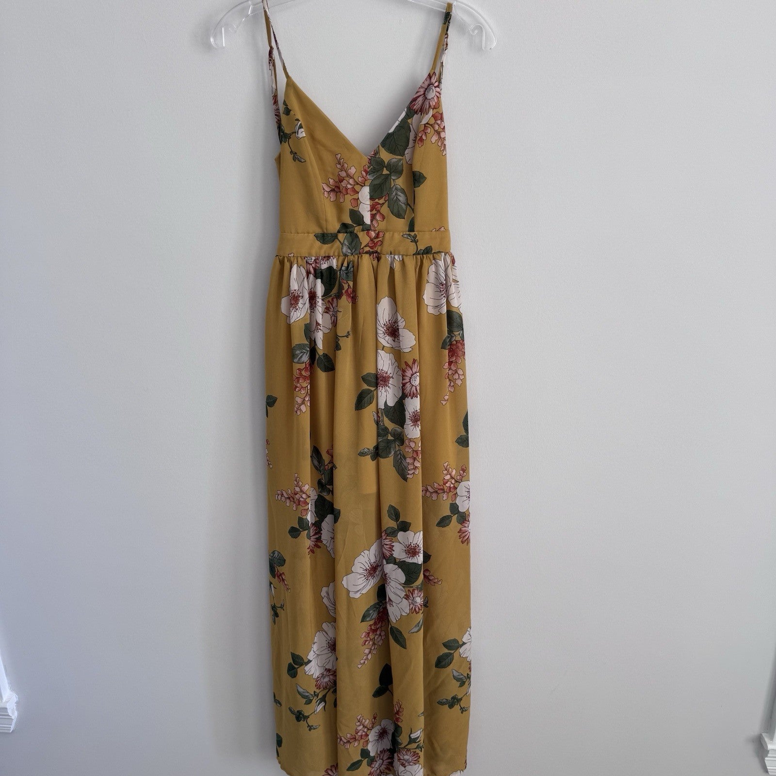 Love Tree Mustard Floral Maxi Dress Women M Boho V Neck Spaghetti Strap
