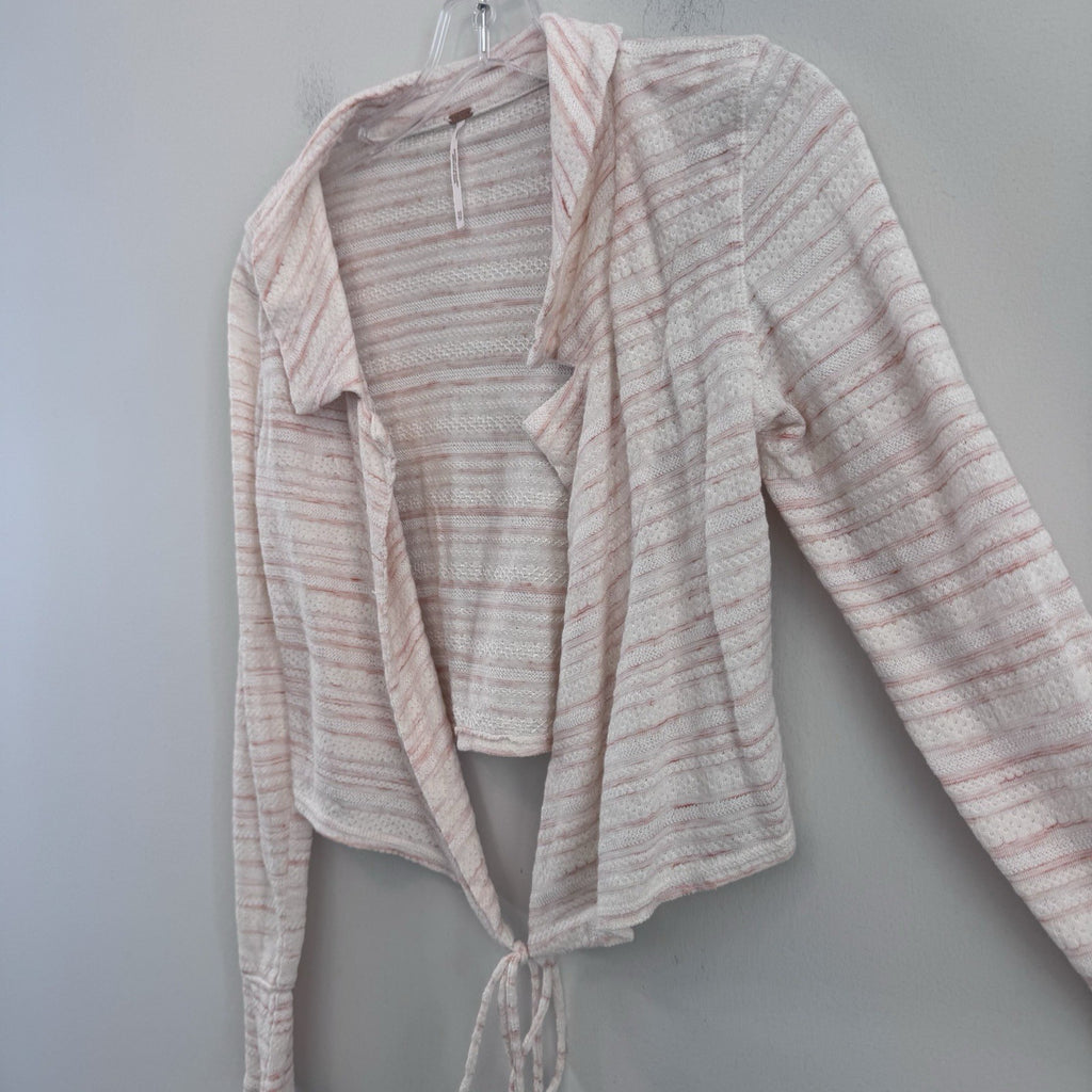 Free People XS Pink Ivory Open Front Tie Cardigan Knit Boho Sweater