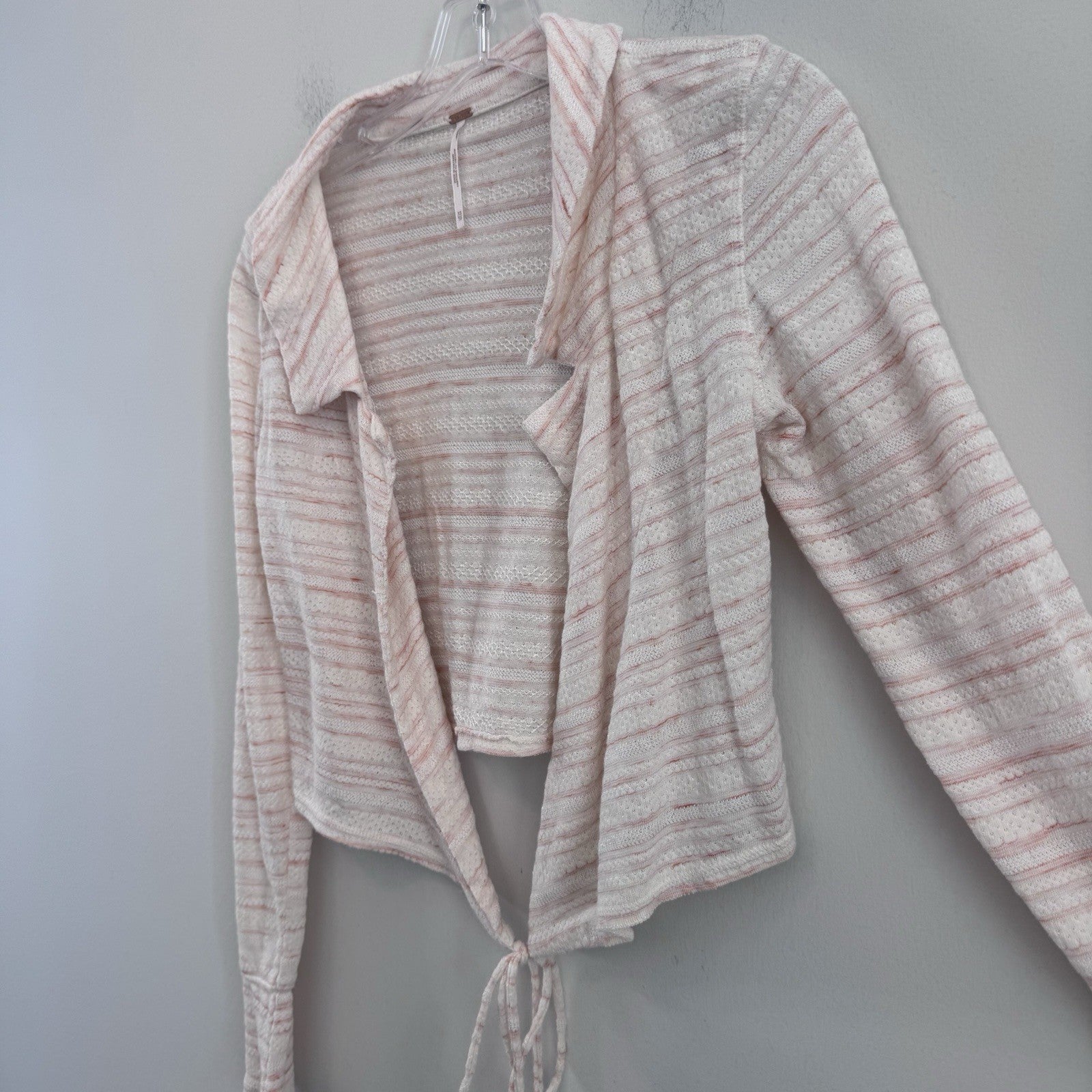Free People XS Pink Ivory Open Front Tie Cardigan Knit Boho Sweater