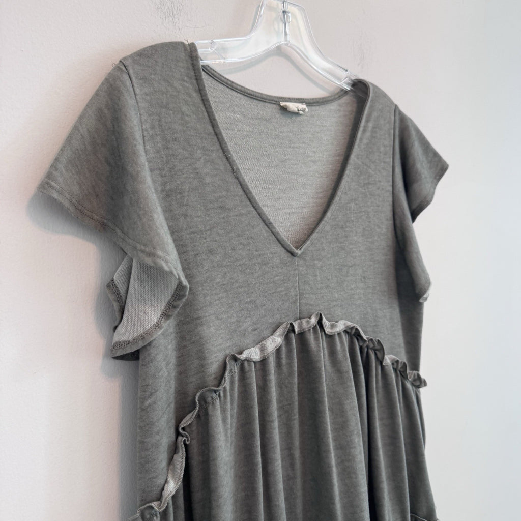 Peach Love Gray Babydoll Dress Womens M Boho Oversized Ruffle