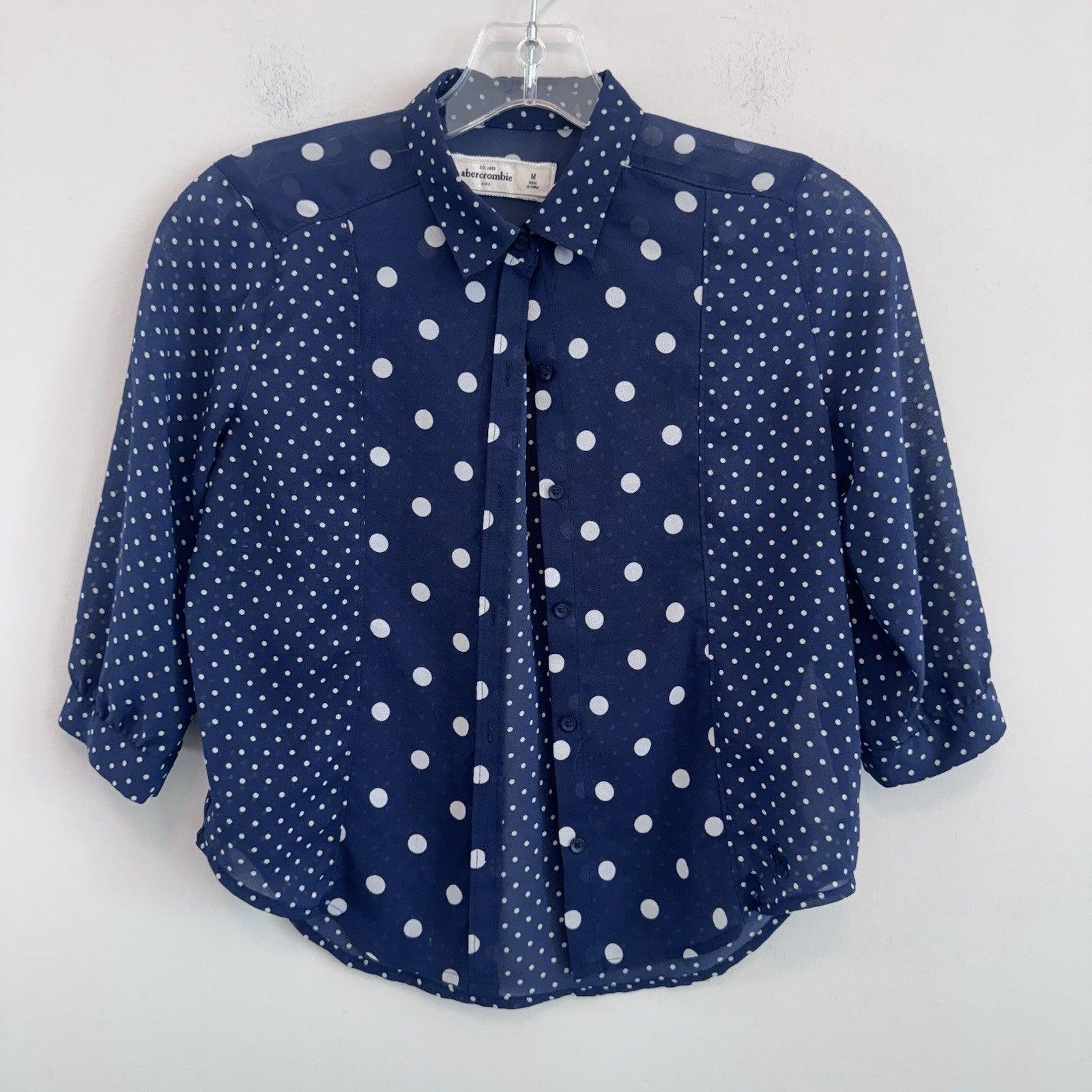 Abercrombie Kids Polka Dot Button Up Blouse Blue Sheer Size M
