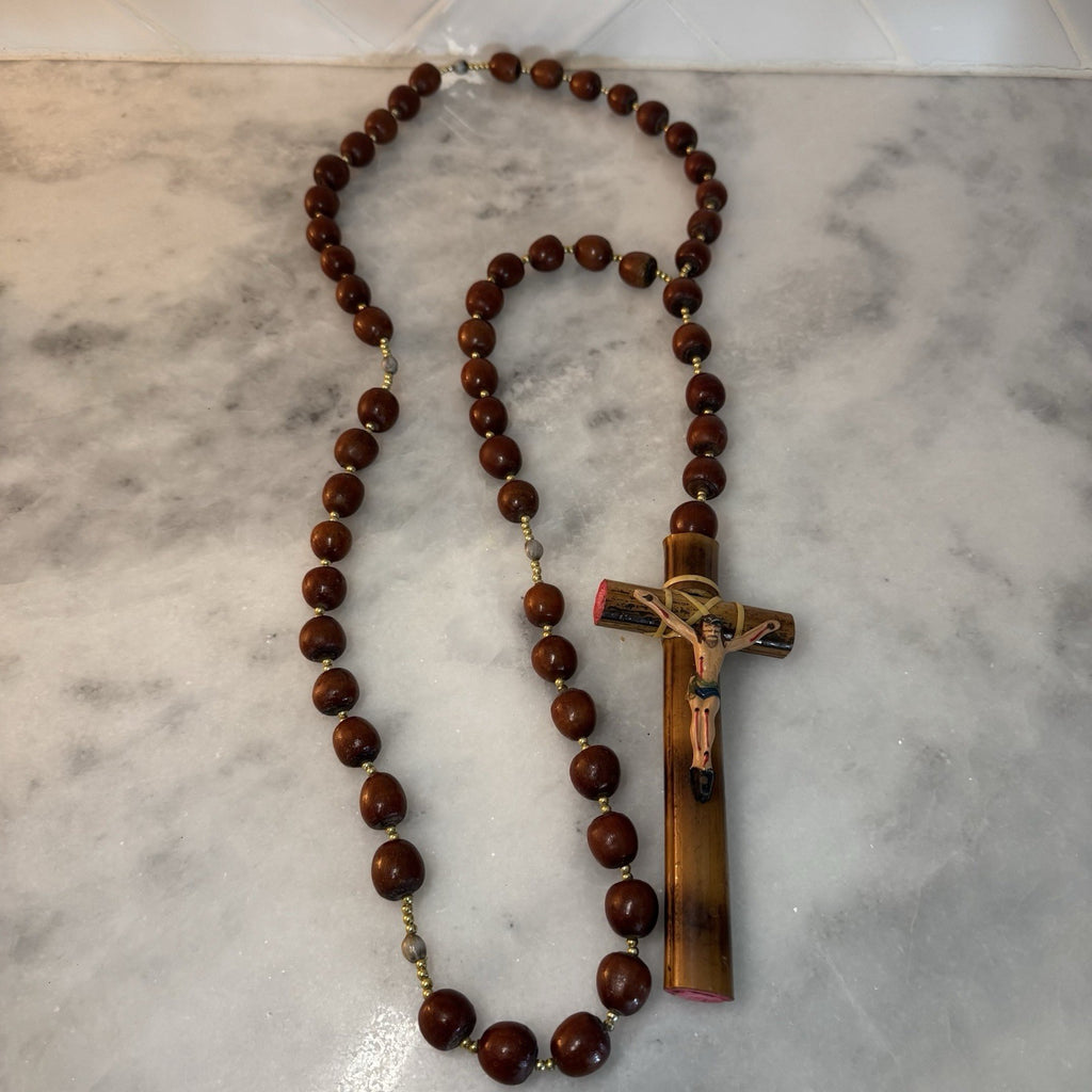 Vintage Bamboo Catholic Rosary Crucifix Cross Prayer Beads Religious Necklace