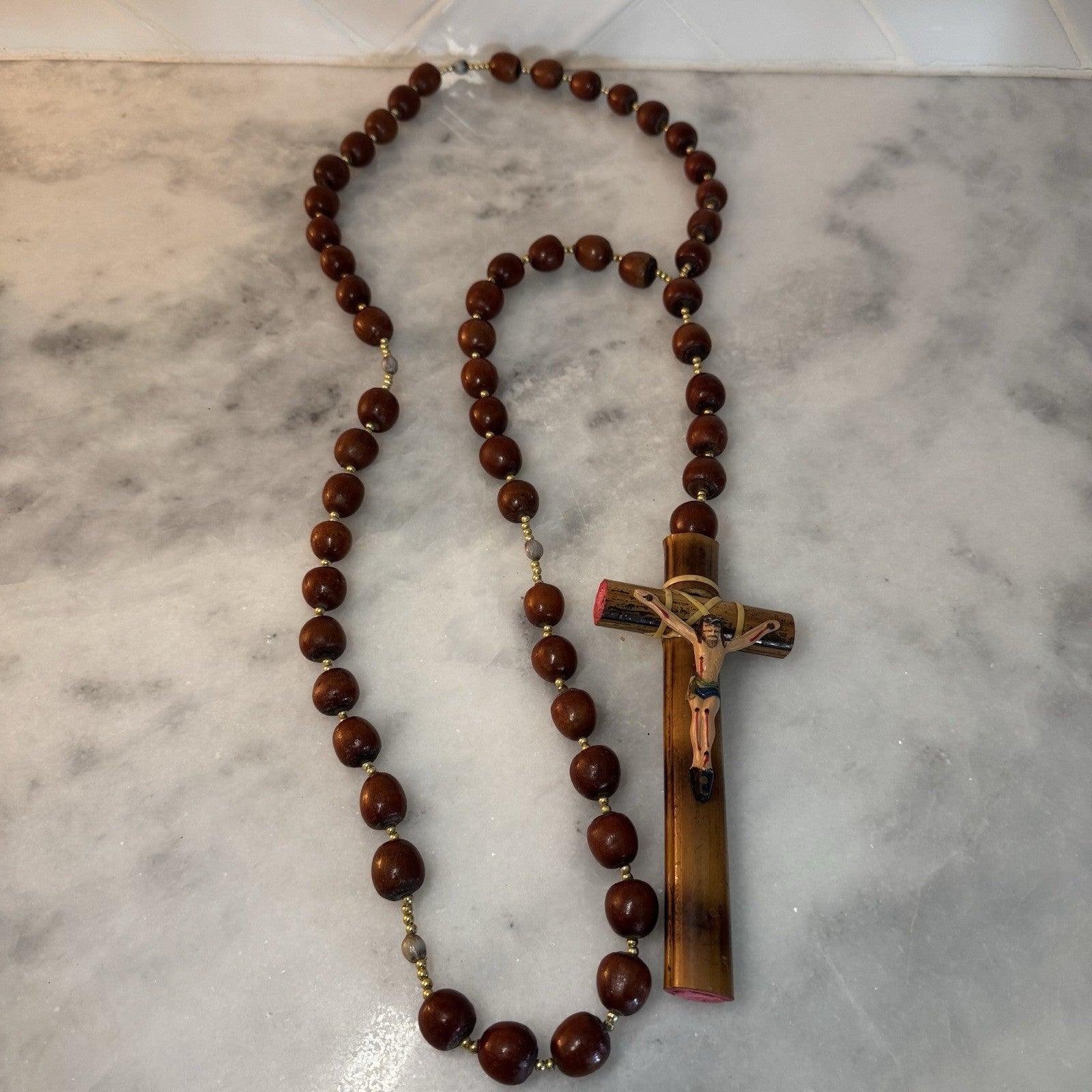 Vintage Bamboo Catholic Rosary Crucifix Cross Prayer Beads Religious Necklace