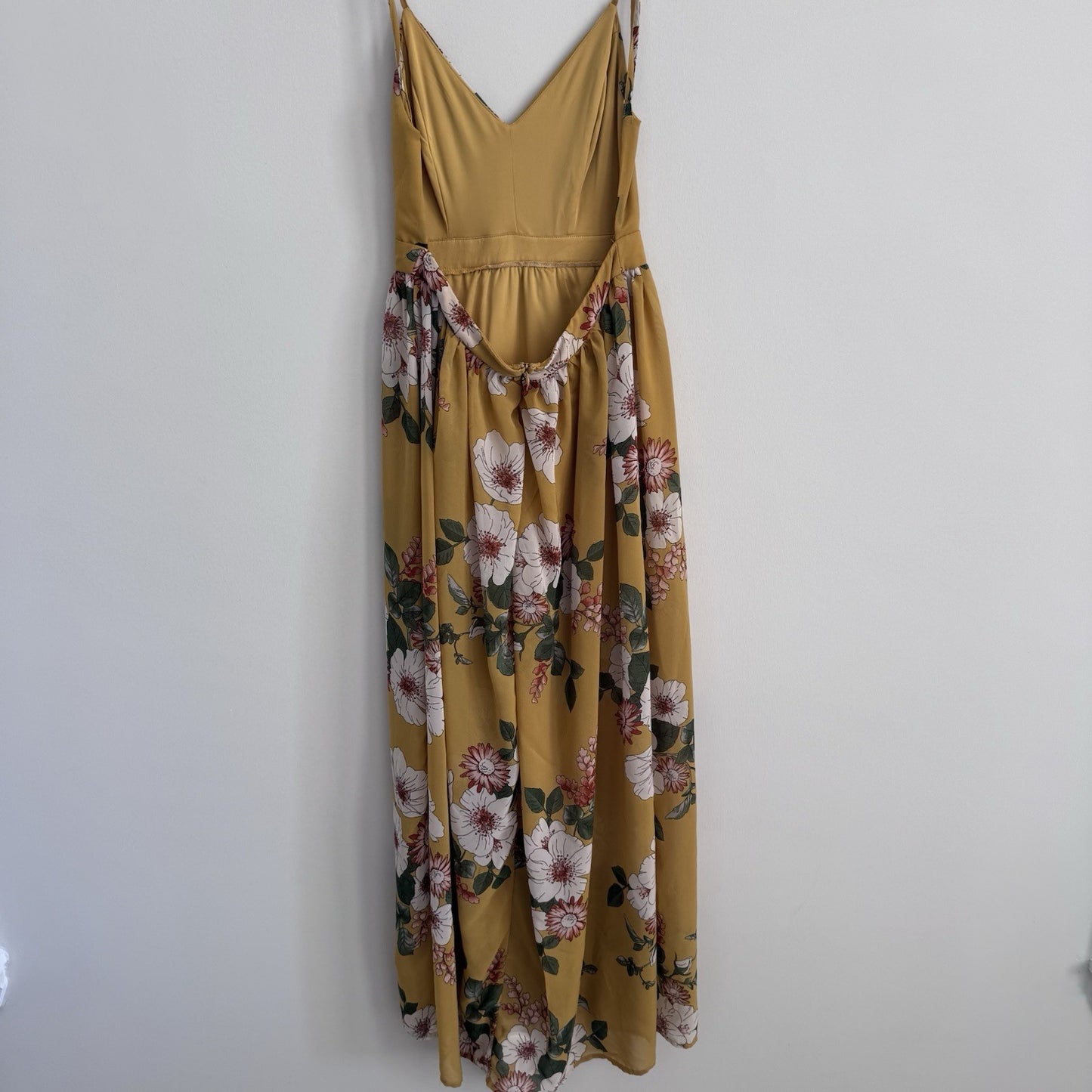 Love Tree Mustard Floral Maxi Dress Women M Boho V Neck Spaghetti Strap
