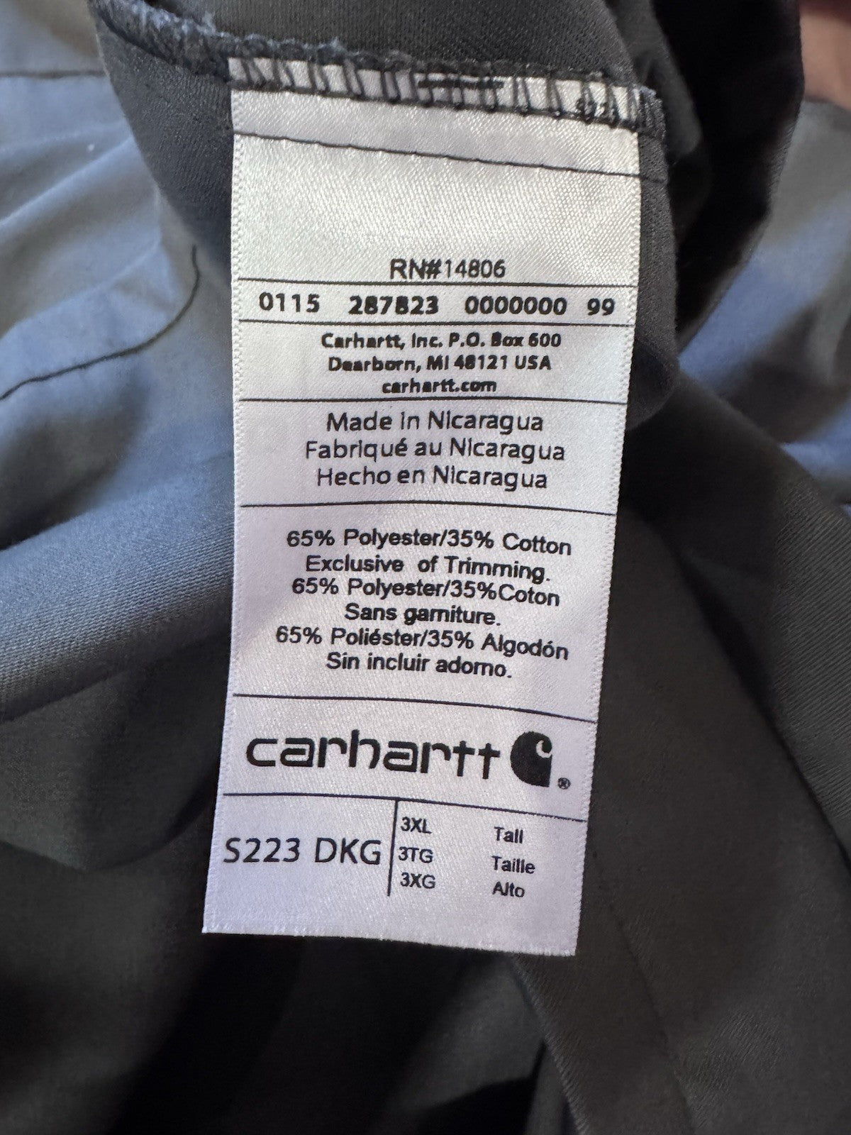 Carhartt Relaxed Fit Button-Up Work Shirt 3XL Tall Dark Gray Short Sleeve