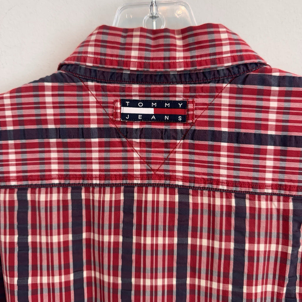Vintage Tommy Jeans Shirt Mens XL Red Plaid Button Down Y2K Cotton Logo