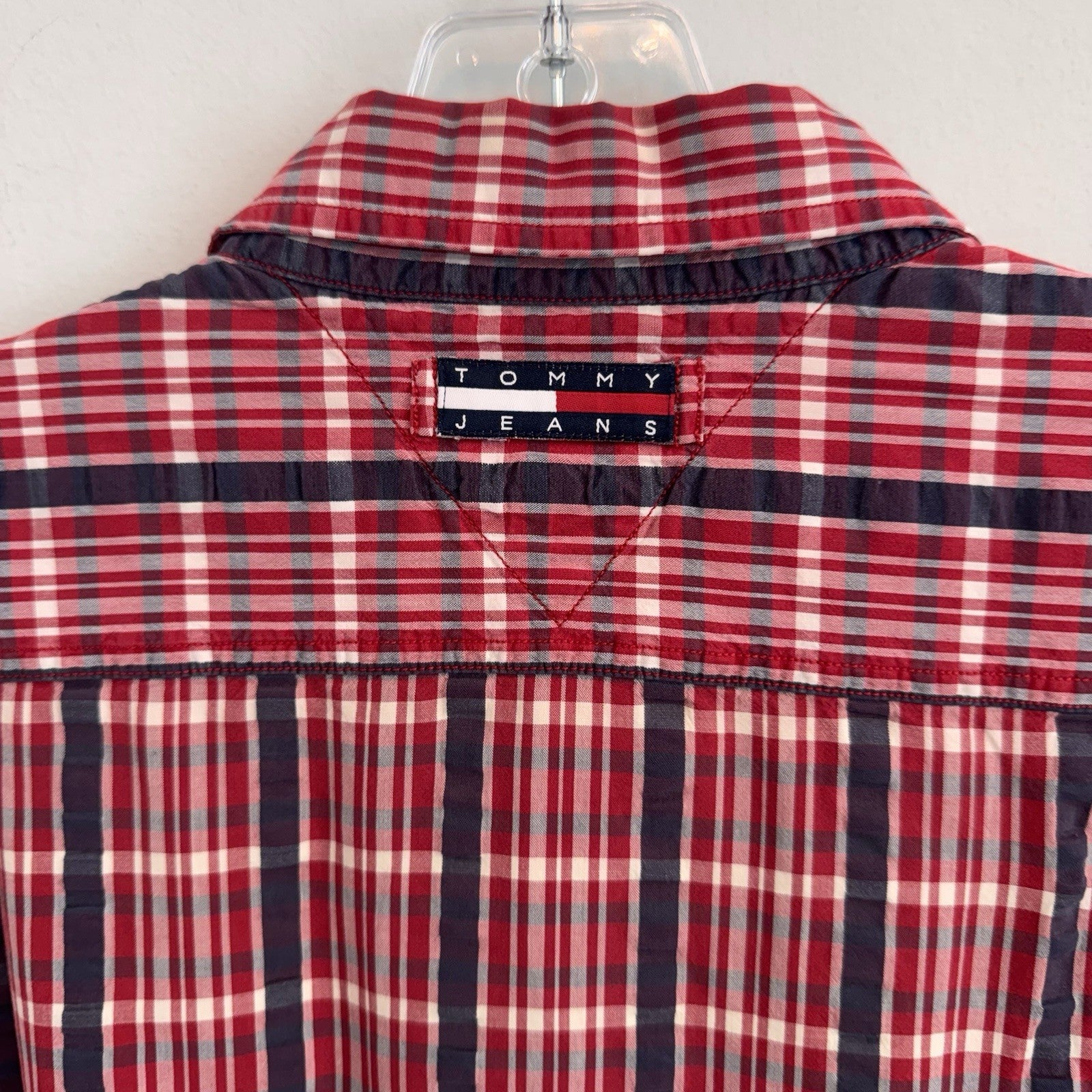 Vintage Tommy Jeans Shirt Mens XL Red Plaid Button Down Y2K Cotton Logo