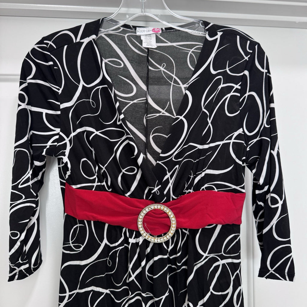 Body Central Y2K Black White Print Dress M Pink Belt Rhinestone Buckle USA Made