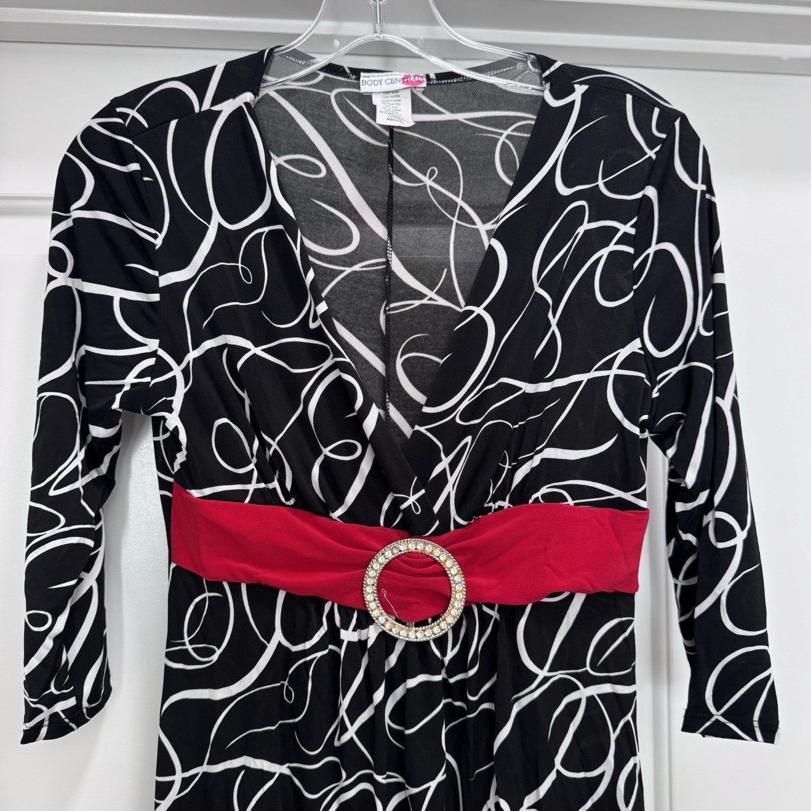 Body Central Y2K Black White Print Dress M Pink Belt Rhinestone Buckle USA Made