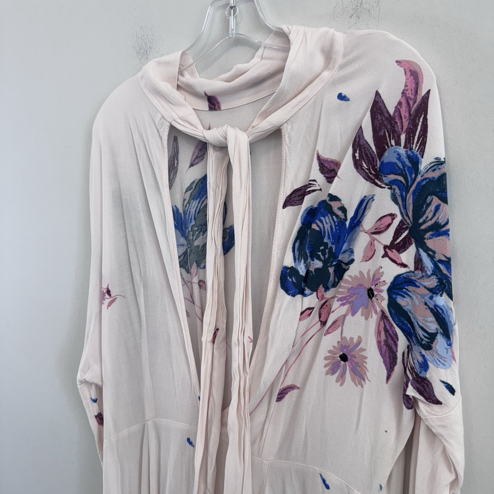 Free People Medium Floral Tie Gemma Dress Tunic Top Pink Blue Boho Rayon Womens