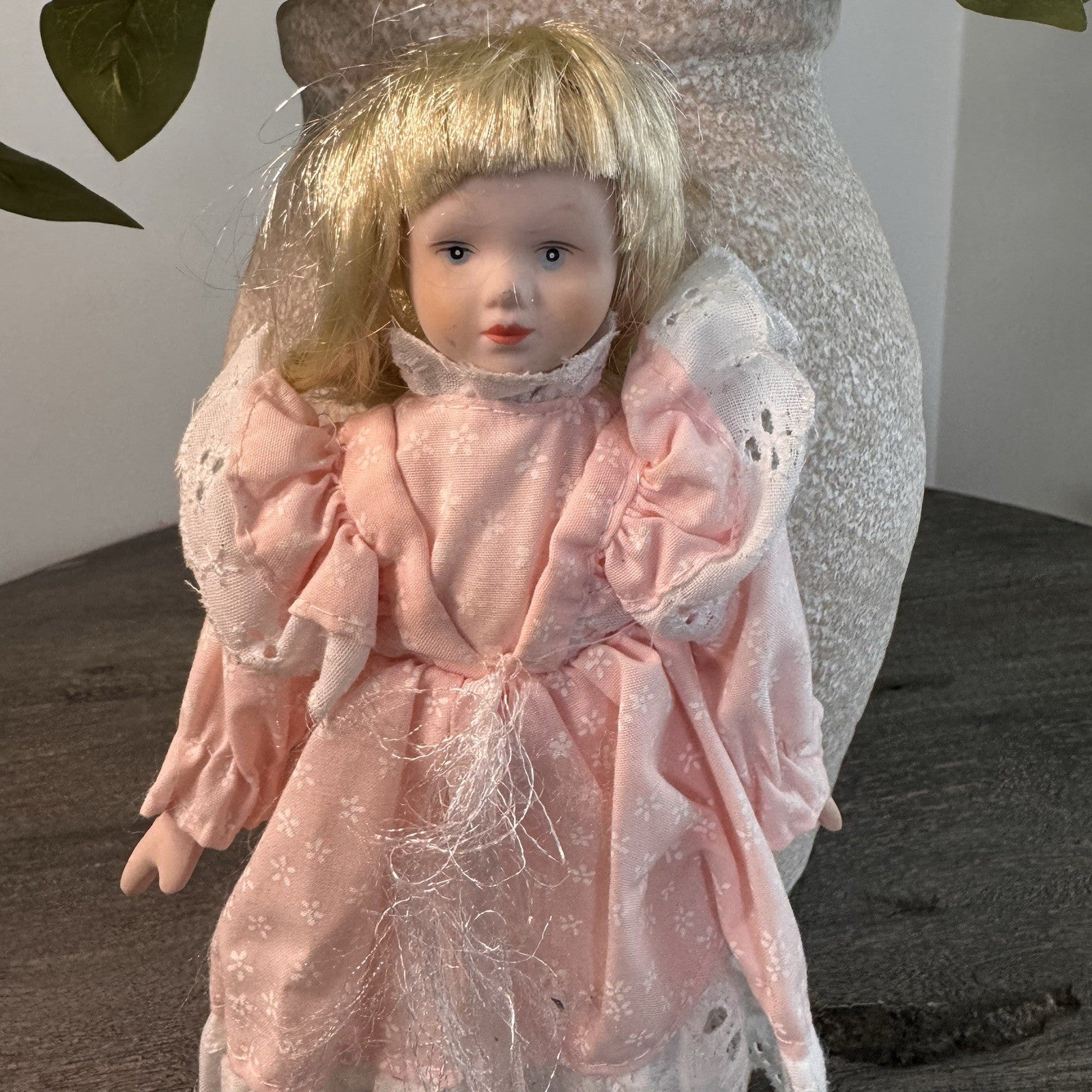 Vintage Porcelain Doll Blonde Blue Eyes Pink Floral Dress Lace Trim 8" Taiwan