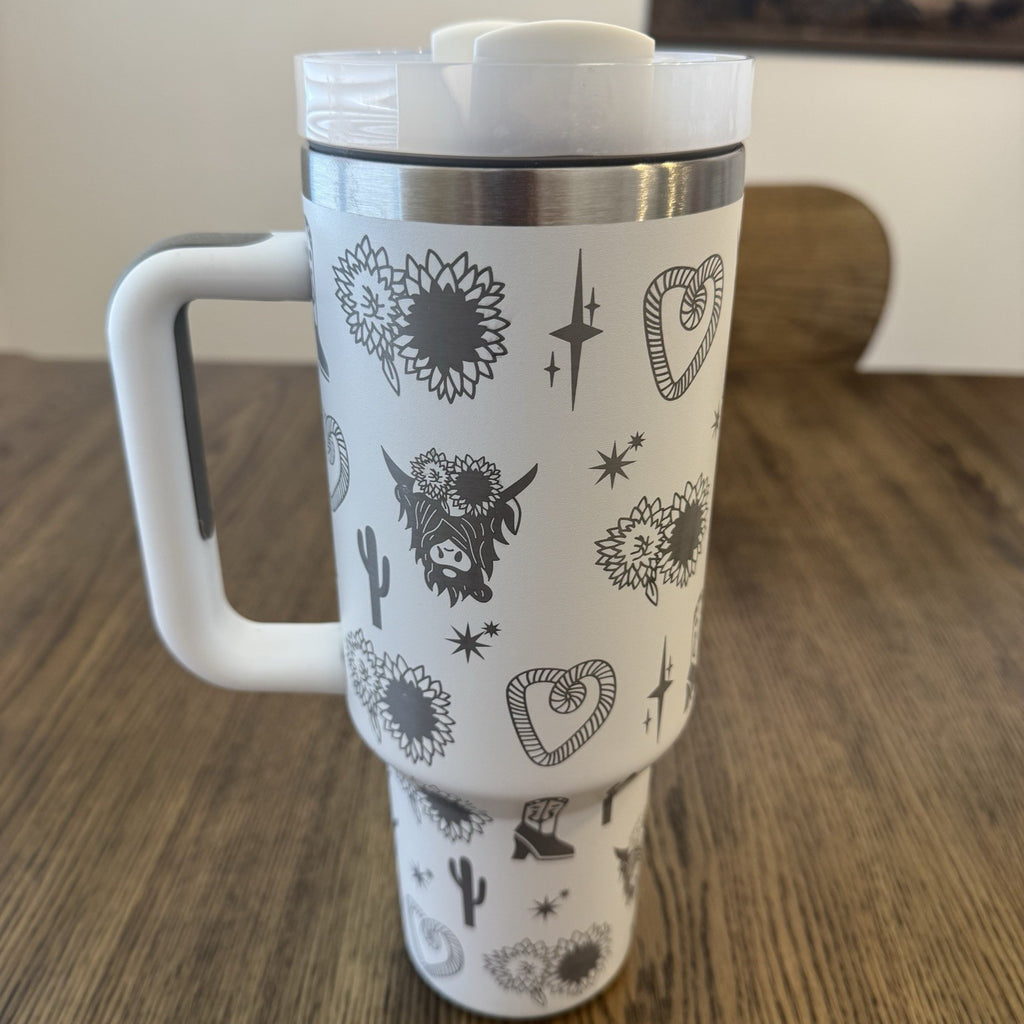 White Western LongHorn Cow Bull Boot Stainless Steel, Engraved Thermal Cup 40 Oz