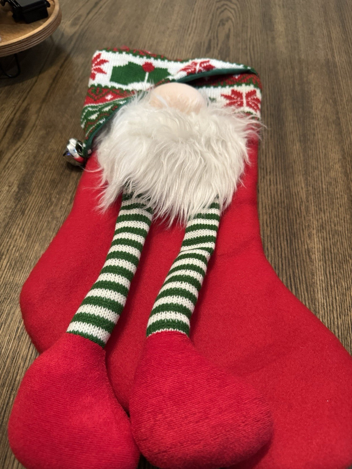 3D Gnome Christmas Stocking Long Dangling Legs Bell Accent and Beard Full Size