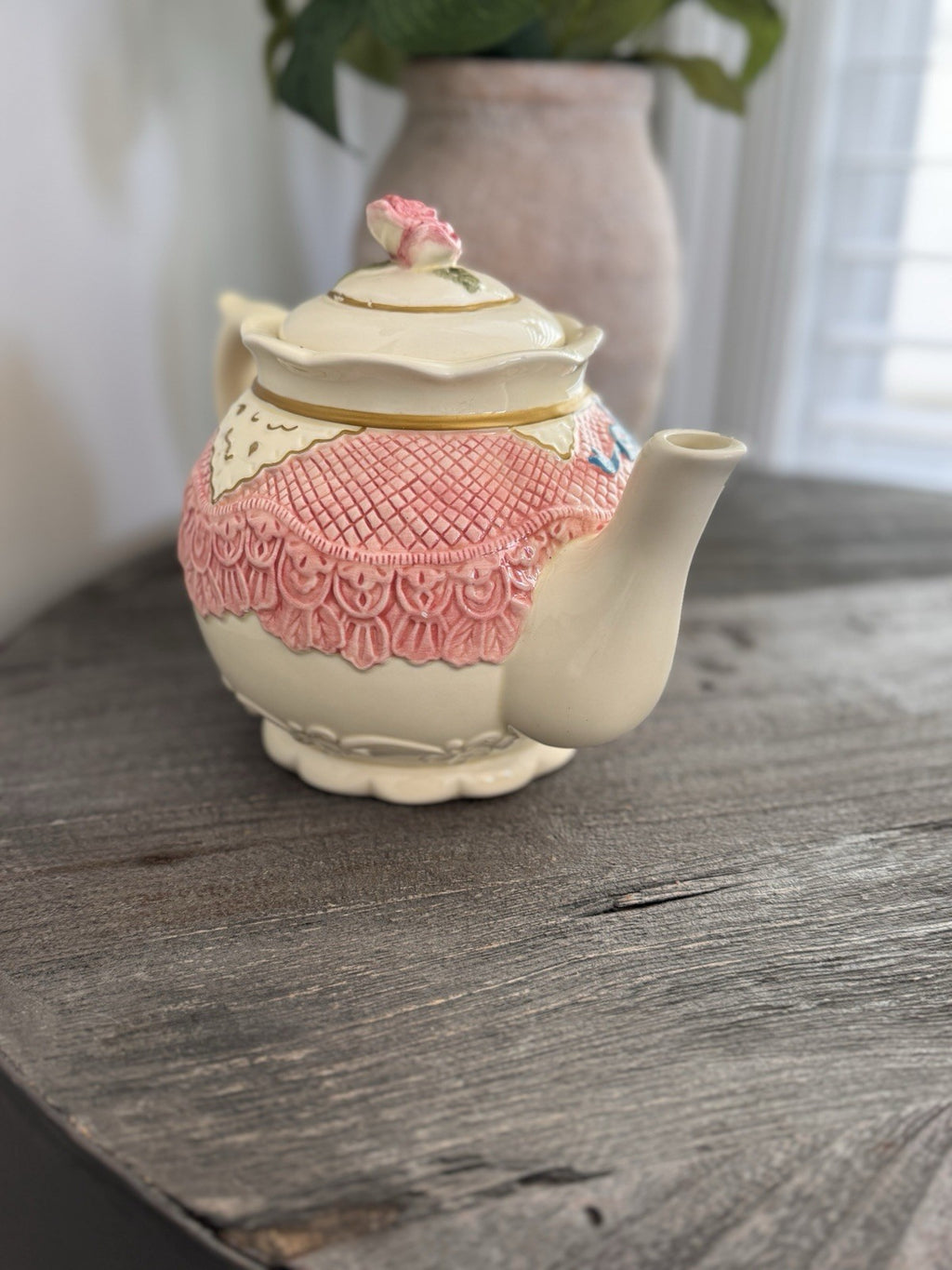 Seymour Mann Romance Teapot Thinking of You Clock Pink Lace Heart Rose Vtg
