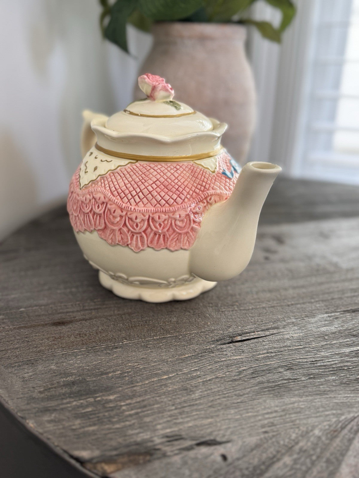 Seymour Mann Romance Teapot Thinking of You Clock Pink Lace Heart Rose Vtg