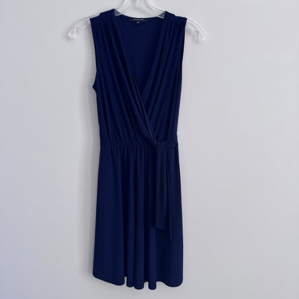Tahari Blue Wrap Dress S Sleeveless V Neck Tie Waist Made USA