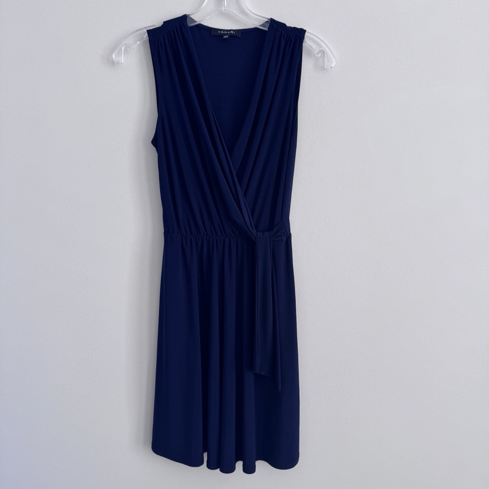 Tahari Blue Wrap Dress S Sleeveless V Neck Tie Waist Made USA