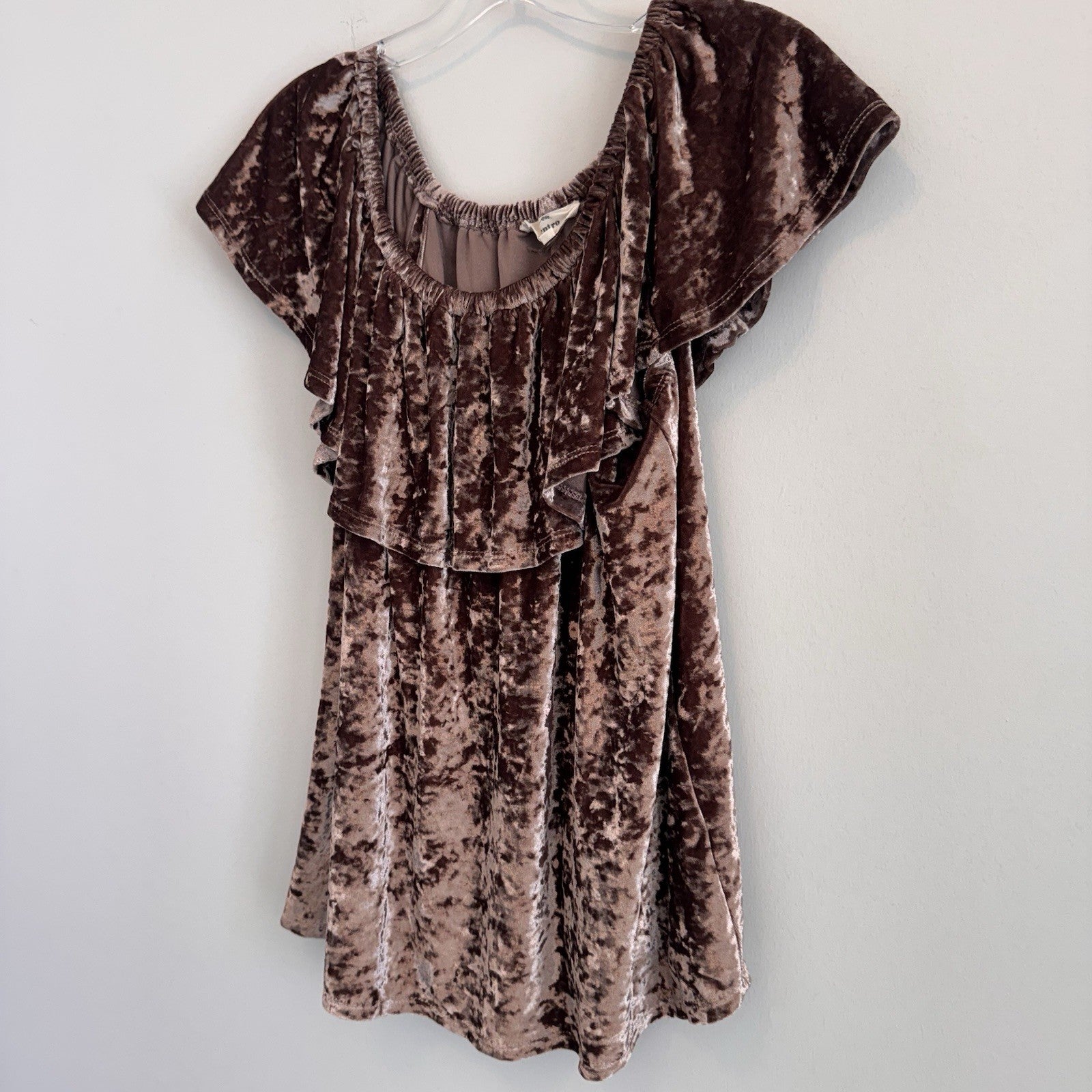 Entro Crushed Velvet Top Womens M Mauve Pink Ruffle Flutter Sleeve Mini