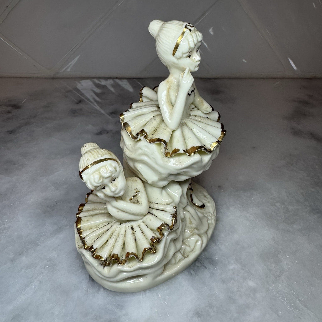 Vintage Porcelain Ballerina Figurine – White & Gold Ballet Dancer