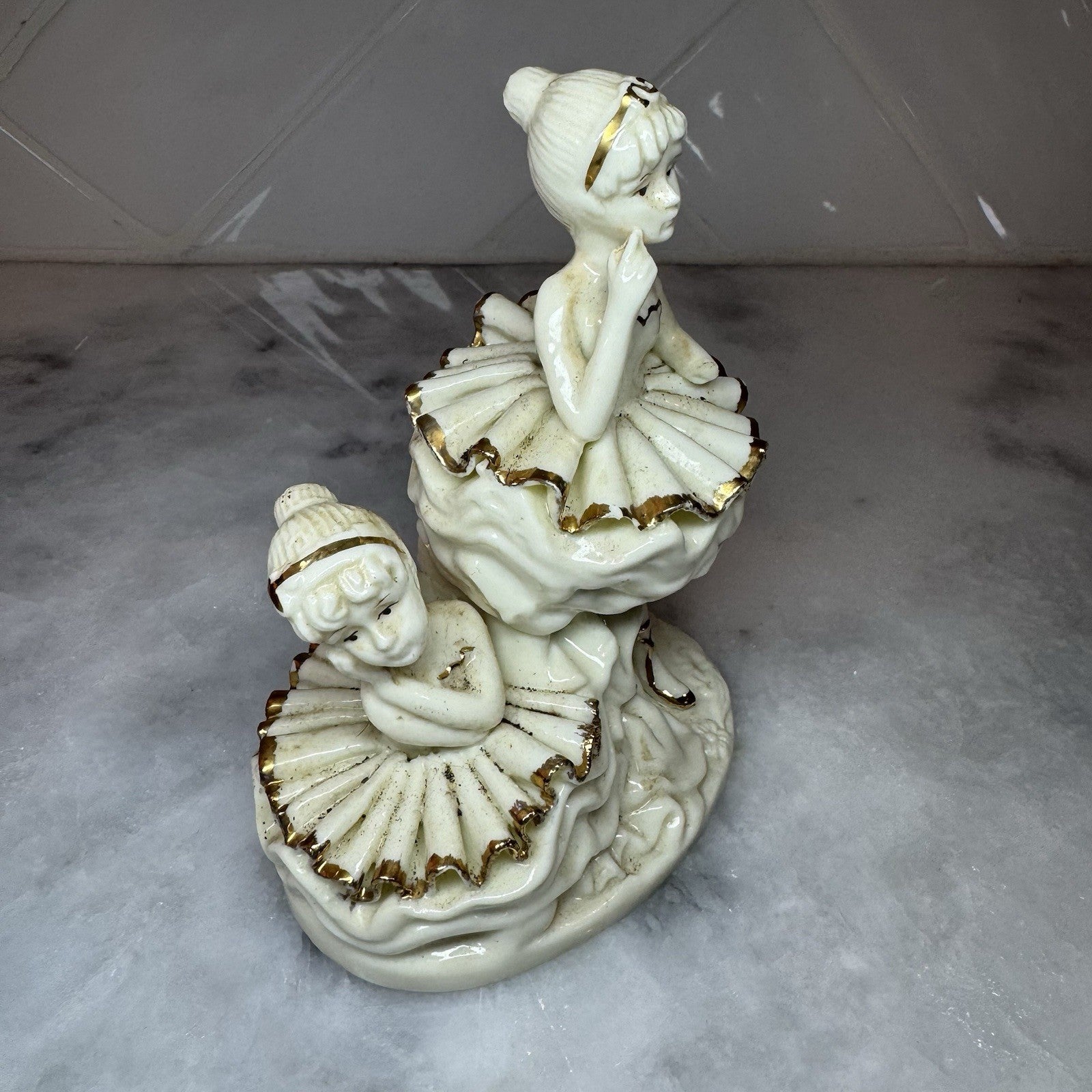 Vintage Porcelain Ballerina Figurine – White & Gold Ballet Dancer