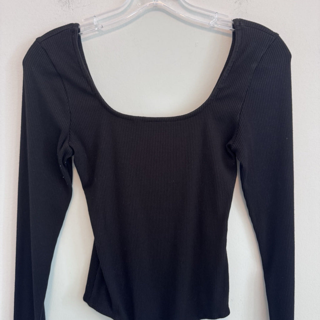 Altar’d State Black Ribbed Bodysuit M Square Neck Long Sleeve Stretch