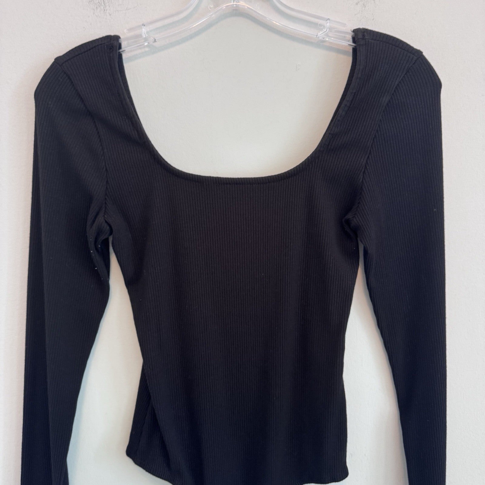 Altar’d State Black Ribbed Bodysuit M Square Neck Long Sleeve Stretch