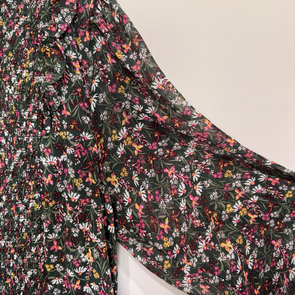 Draper James RSVP XL Dress Floral Smocked Metallic Tiered Long Sleeve Chiffon