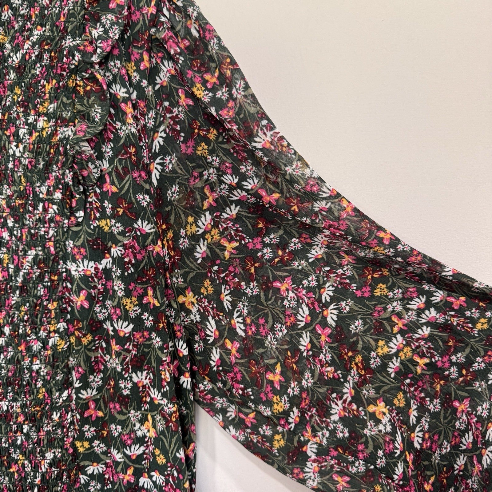 Draper James RSVP XL Dress Floral Smocked Metallic Tiered Long Sleeve Chiffon
