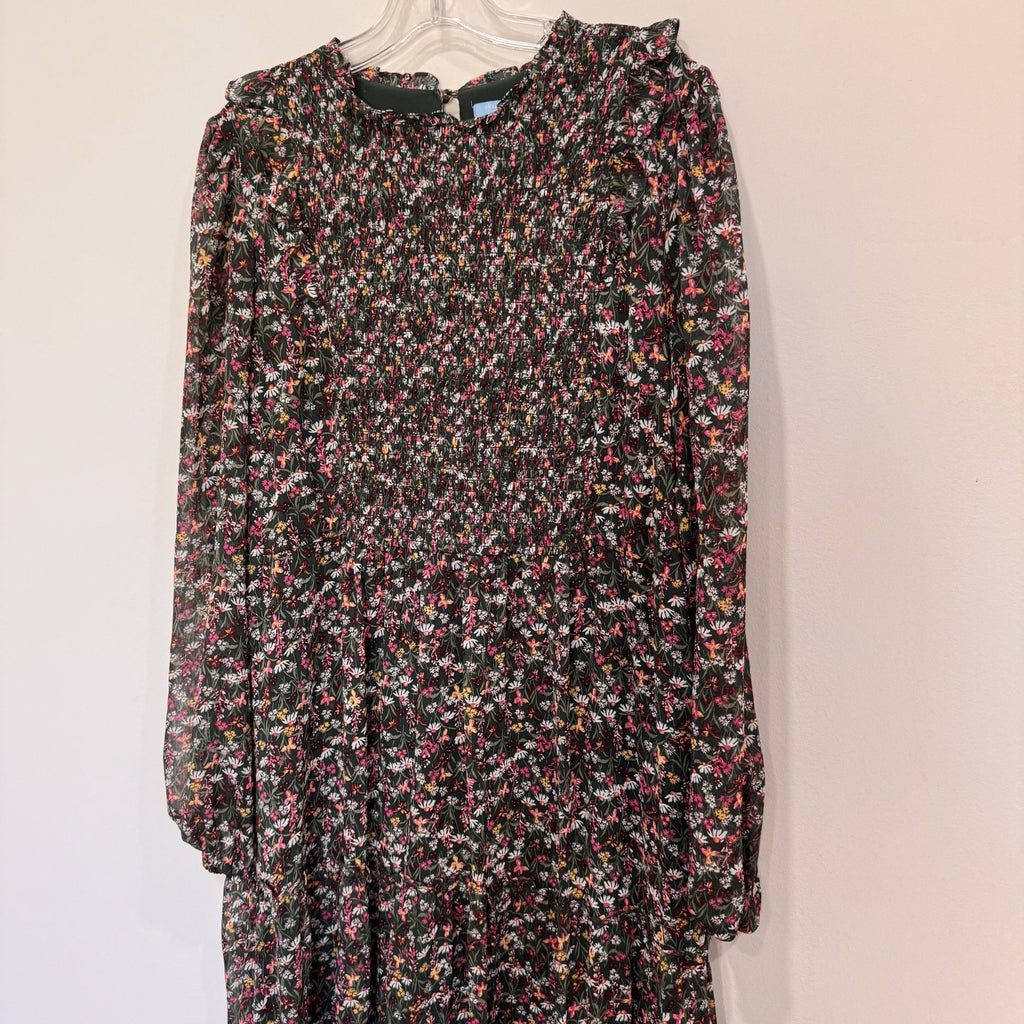 Draper James RSVP XL Dress Floral Smocked Metallic Tiered Long Sleeve Chiffon