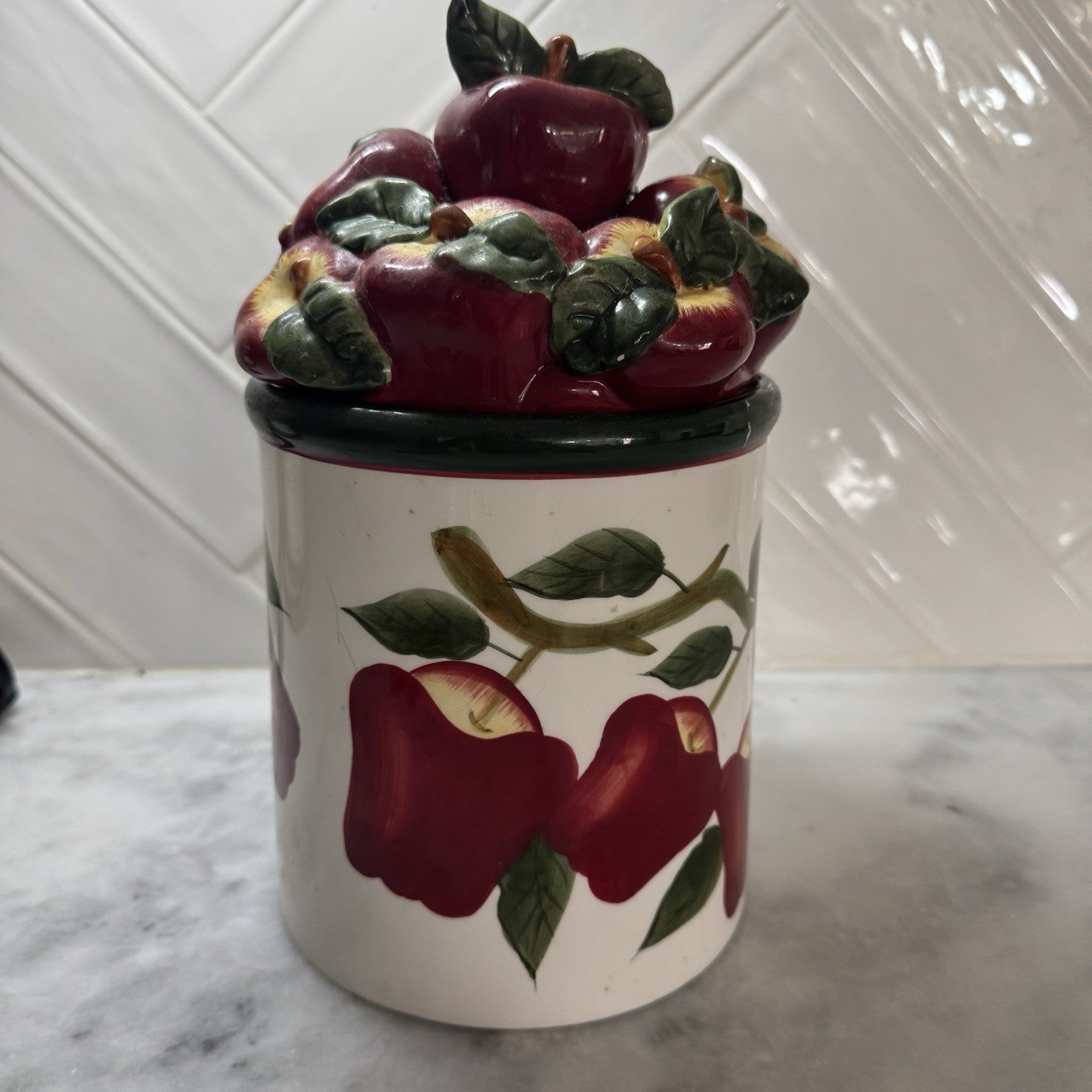Vintage Apple Cookie Jar Ceramic Kitchen Canister Red Apples Fruit Decor