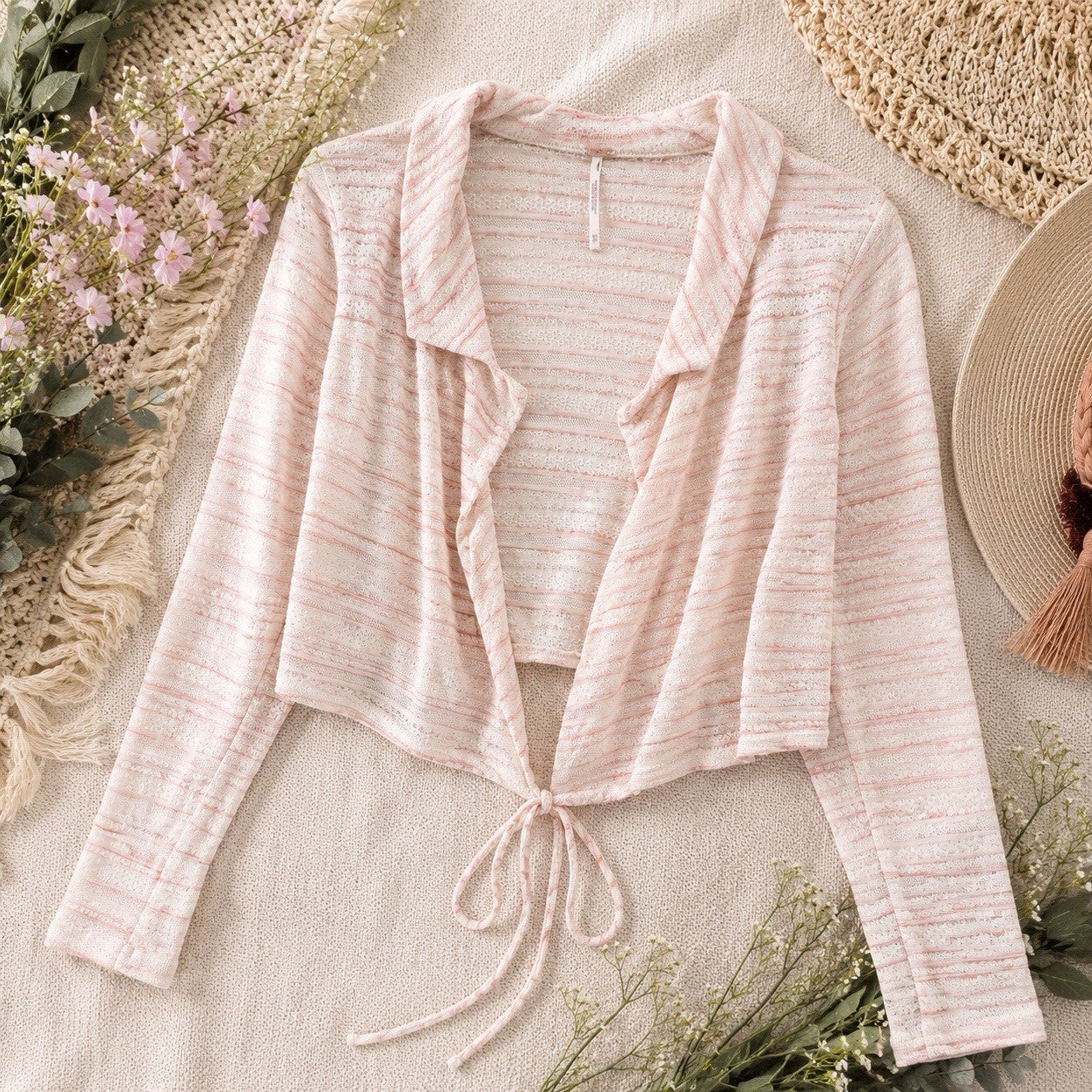 Free People XS Pink Ivory Open Front Tie Cardigan Knit Boho Sweater